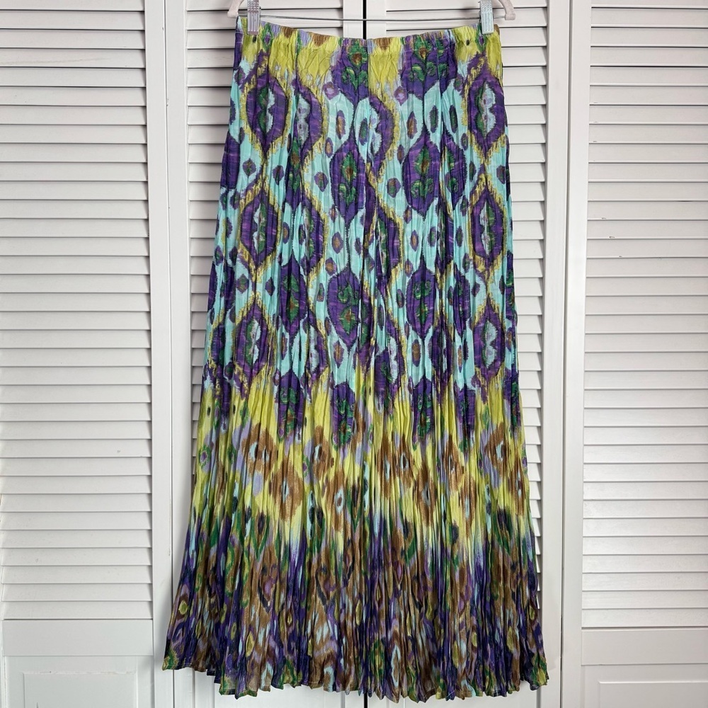 Chico's Pleated Crinkle Broomstick Pull-On Maxi Skirt Abstract Peacock Size 1